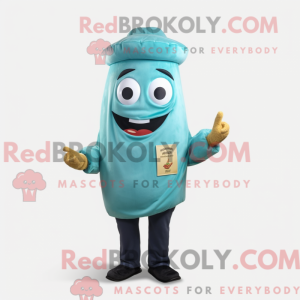 Mascot character of a Cyan French Fries dressed with a Turtleneck and Hat pins