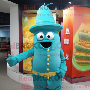 Mascot character of a Cyan French Fries dressed with a Turtleneck and Hat pins