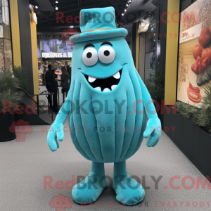 Mascot character of a Cyan French Fries dressed with a Turtleneck and Hat pins