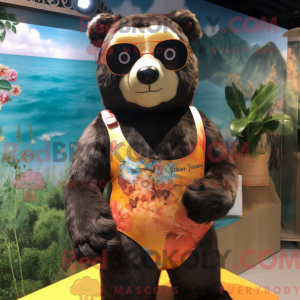 Mascot character of a Peach Spectacled Bear dressed with a One-Piece Swimsuit and Hairpins