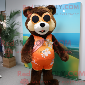 Mascot character of a Peach Spectacled Bear dressed with a One-Piece Swimsuit and Hairpins