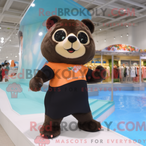 Mascot character of a Peach Spectacled Bear dressed with a One-Piece Swimsuit and Hairpins