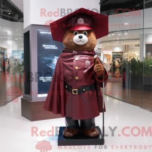Mascot character of a Maroon Police Officer dressed with a Raincoat and Shawl pins