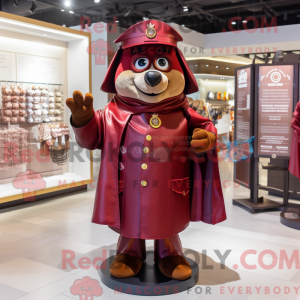 Mascot character of a Maroon Police Officer dressed with a Raincoat and Shawl pins