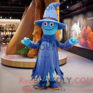 Mascot character of a Sky Blue Witch'S Hat dressed with a Bootcut Jeans and Scarves