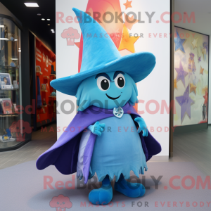 Mascot character of a Sky Blue Witch'S Hat dressed with a Bootcut Jeans and Scarves