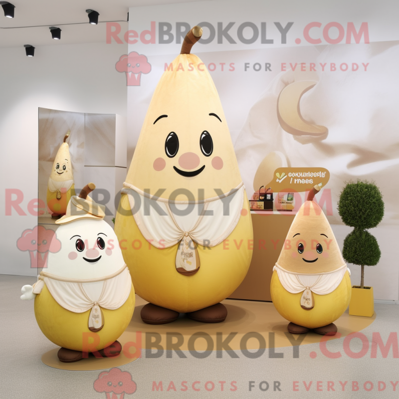 Mascot character of a Beige Pear dressed with a Romper and Coin purses