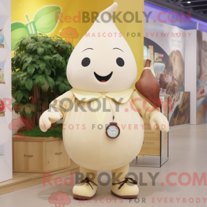 Mascot character of a Beige Pear dressed with a Romper and Coin purses