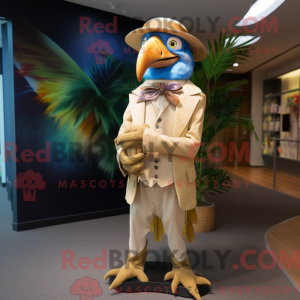 Mascot character of a Beige Macaw dressed with a Suit and Hat pins