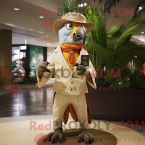 Mascot character of a Beige Macaw dressed with a Suit and Hat pins