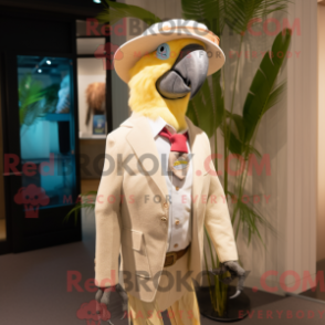 Mascot character of a Beige Macaw dressed with a Suit and Hat pins