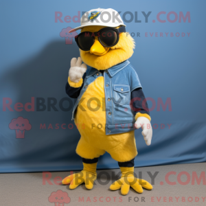 Mascot character of a Yellow Blue Jay dressed with a Corduroy Pants and Sunglasses