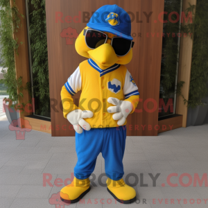 Mascot character of a Yellow Blue Jay dressed with a Corduroy Pants and Sunglasses