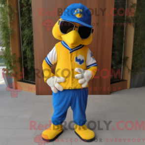 Mascot character of a Yellow Blue Jay dressed with a Corduroy Pants and Sunglasses