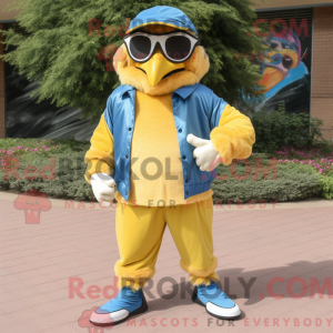 Mascot character of a Yellow Blue Jay dressed with a Corduroy Pants and Sunglasses