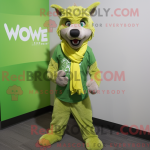 Mascot character of a Lime Green Say Wolf dressed with a Henley Tee and Scarves