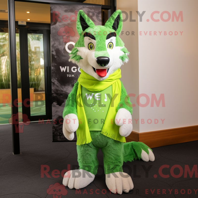 Mascot character of a Lime Green Say Wolf dressed with a Henley Tee and Scarves