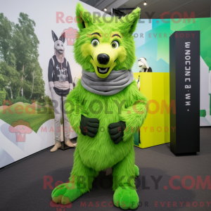 Mascot character of a Lime Green Say Wolf dressed with a Henley Tee and Scarves
