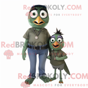Mascot character of a Olive Blackbird dressed with a Mom Jeans and Necklaces