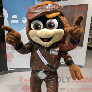 Mascot character of a Brown Acrobat dressed with a Moto Jacket and Pocket squares