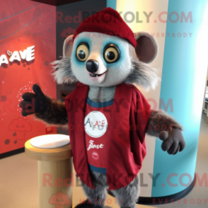 Mascot character of a Red Aye-Aye dressed with a Cardigan and Beanies