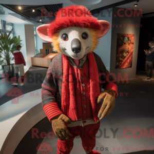 Mascot character of a Red Aye-Aye dressed with a Cardigan and Beanies