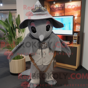 Mascot character of a Gray Manta Ray dressed with a Sweater and Hat pins