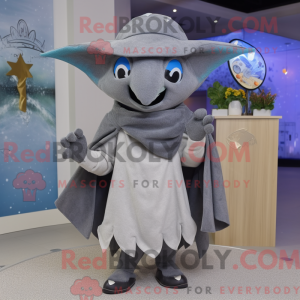 Mascot character of a Gray Manta Ray dressed with a Sweater and Hat pins