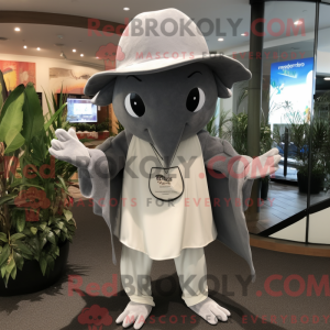 Mascot character of a Gray Manta Ray dressed with a Sweater and Hat pins