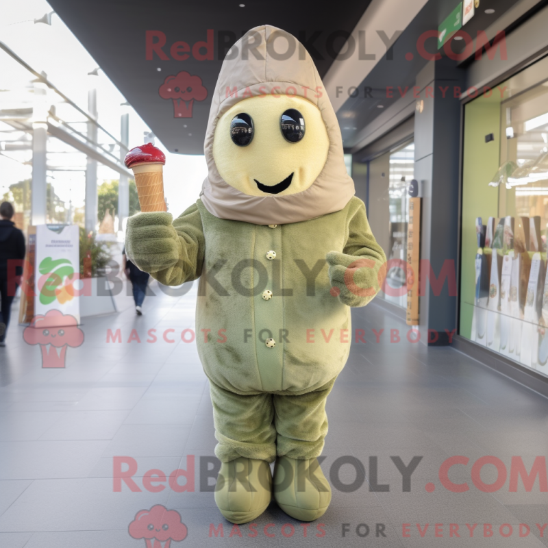 Mascot character of a Olive Ice Cream dressed with a Coat and Mittens