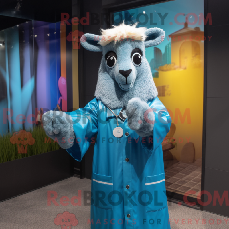 Mascot character of a Blue Llama dressed with a Raincoat and Tie pins