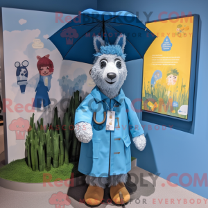 Mascot character of a Blue Llama dressed with a Raincoat and Tie pins