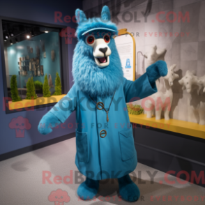 Mascot character of a Blue Llama dressed with a Raincoat and Tie pins