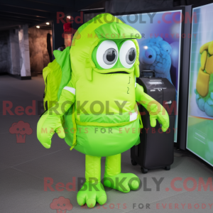 Mascot character of a Lime Green Fried Calamari dressed with a Jumpsuit and Backpacks