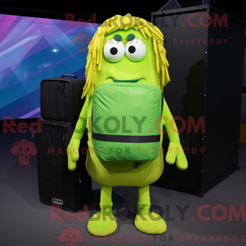 Mascot character of a Lime Green Fried Calamari dressed with a Jumpsuit and Backpacks