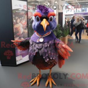Mascot character of a Purple Pheasant dressed with a Playsuit and Rings