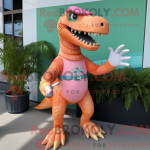 Mascot character of a Peach Spinosaurus dressed with a Bermuda Shorts and Gloves