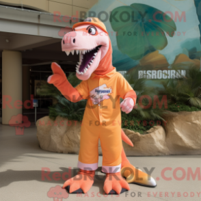Mascot character of a Peach Spinosaurus dressed with a Bermuda Shorts and Gloves
