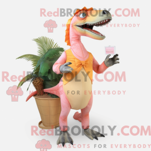 Mascot character of a Peach Spinosaurus dressed with a Bermuda Shorts and Gloves