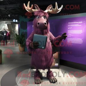 Mascot character of a Purple Irish Elk dressed with a Mini Dress and Briefcases