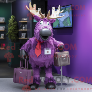 Mascot character of a Purple Irish Elk dressed with a Mini Dress and Briefcases