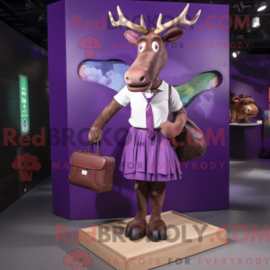 Mascot character of a Purple Irish Elk dressed with a Mini Dress and Briefcases