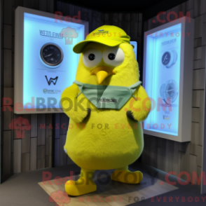 Mascot character of a Lemon Yellow Kiwi dressed with a V-Neck Tee and Digital watches