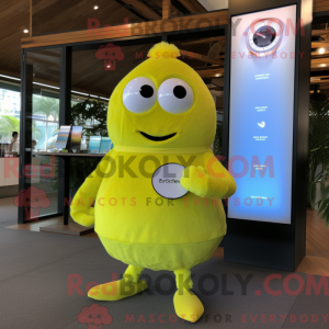 Mascot character of a Lemon Yellow Kiwi dressed with a V-Neck Tee and Digital watches
