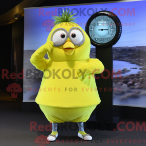 Mascot character of a Lemon Yellow Kiwi dressed with a V-Neck Tee and Digital watches