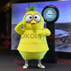 Mascot character of a Lemon Yellow Kiwi dressed with a V-Neck Tee and Digital watches