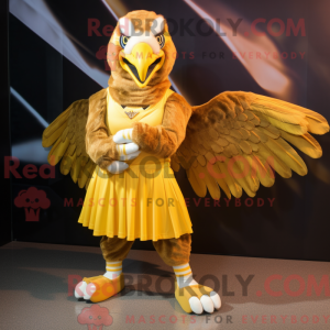 Mascot character of a Gold Eagle dressed with a Skirt and Headbands
