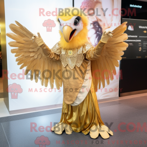 Mascot character of a Gold Eagle dressed with a Skirt and Headbands