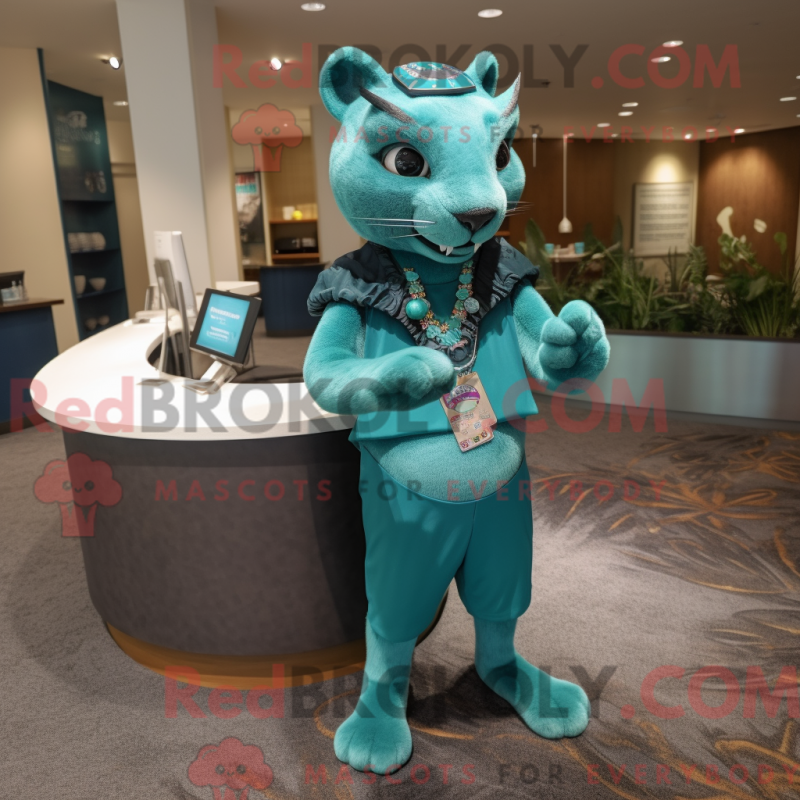 Mascot character of a Teal Jaguarundi dressed with a Pencil Skirt and Bracelet watches