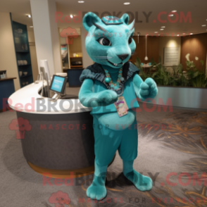 Mascot character of a Teal Jaguarundi dressed with a Pencil Skirt and Bracelet watches